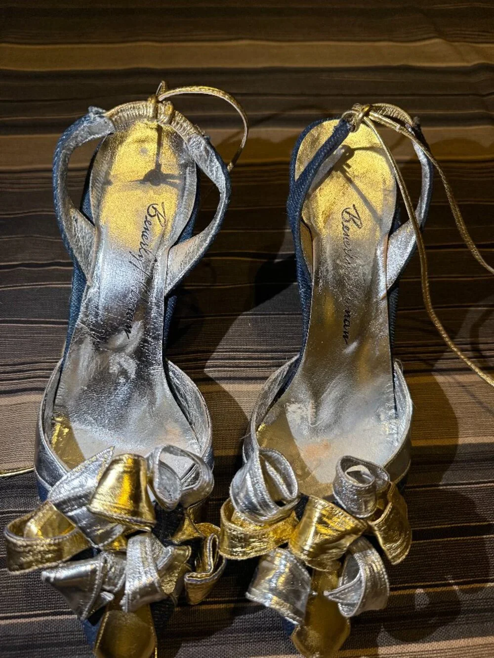 Vintage 80s Beverly Feldman Metallic Ankle-Tie Leather Spiral Heels Size 7
